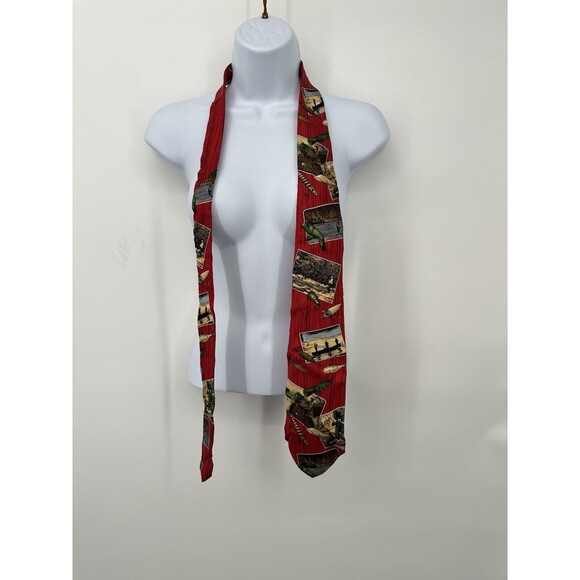 Eddie Bauer Silk Tie red Hand Printed In Italy Outdoor Fishing Fish Hook USA - Picture 7 of 9